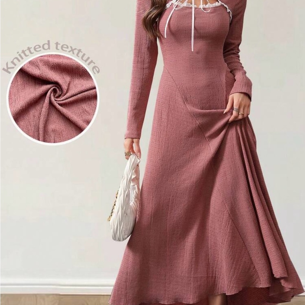 Modelyn Ladies Spring Summer Fall Spliced Ruffle Front Tie Long Sleeve Elegant